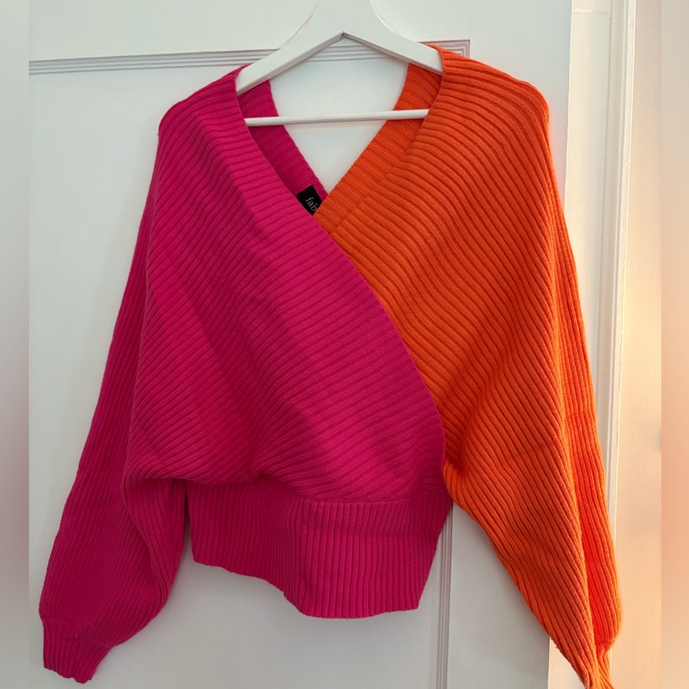 fab'rik Pink and Orange V-Neck Sweater